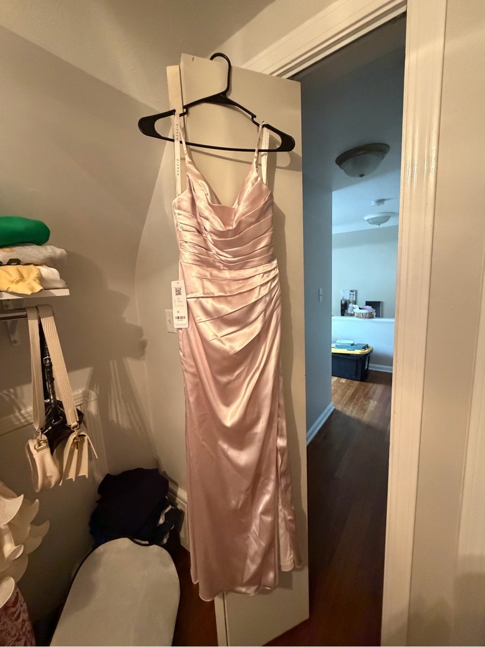 Azazie Blush Pink Satin Ruched Slip Dress